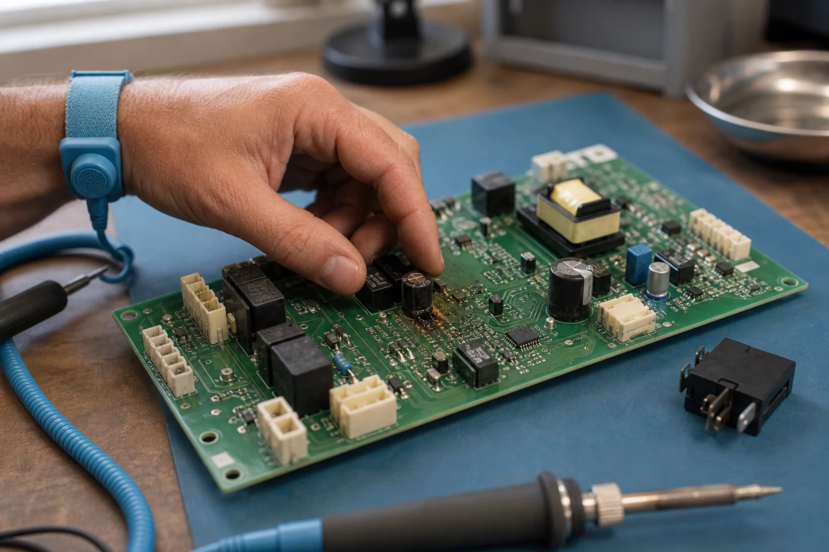 Surge-damaged Sub-Zero 600-series control board on the bench during a St. Augustine post-outage repair
