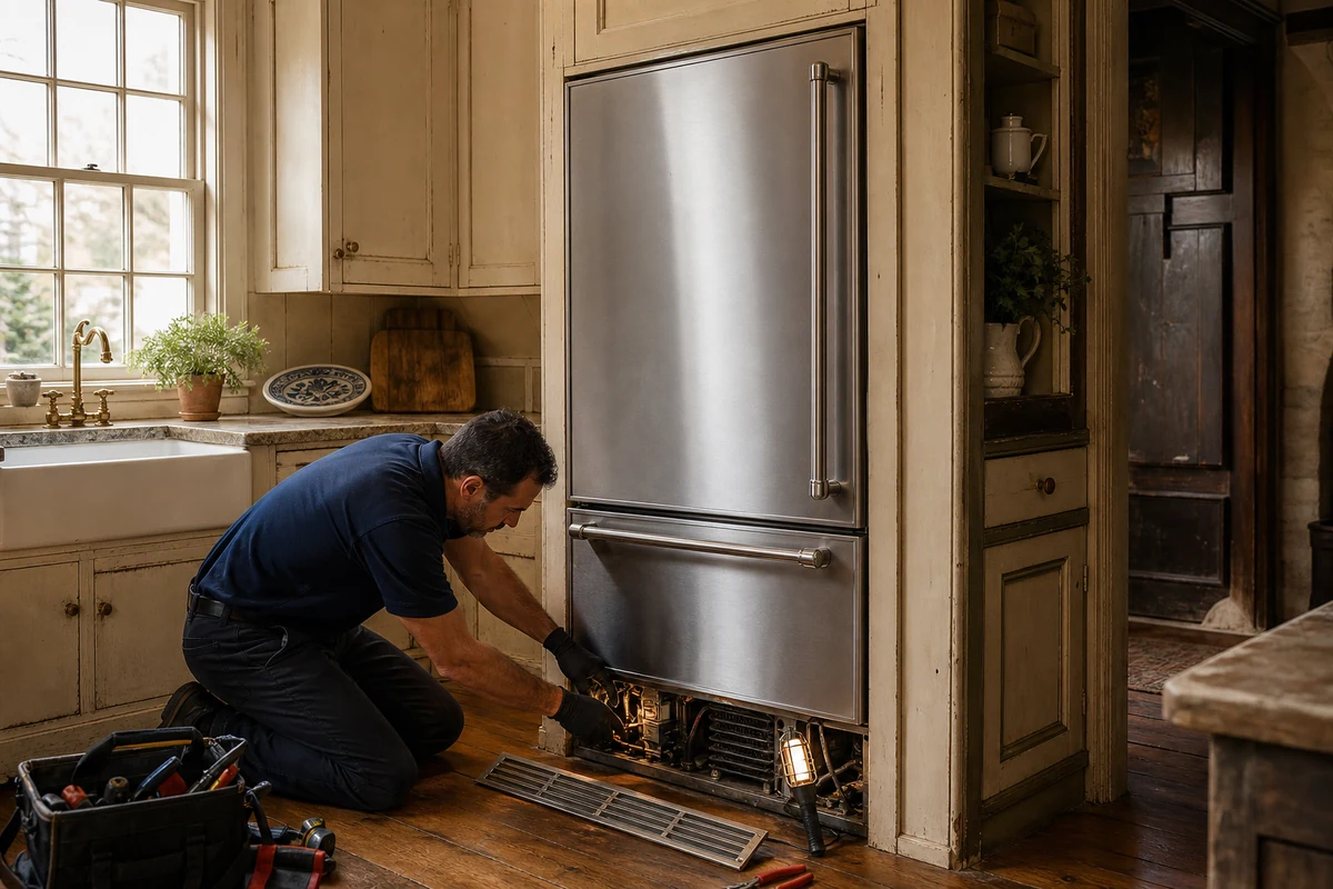 Classic Sub-Zero 550 over-under refrigerator in a historic St. Augustine kitchen during service