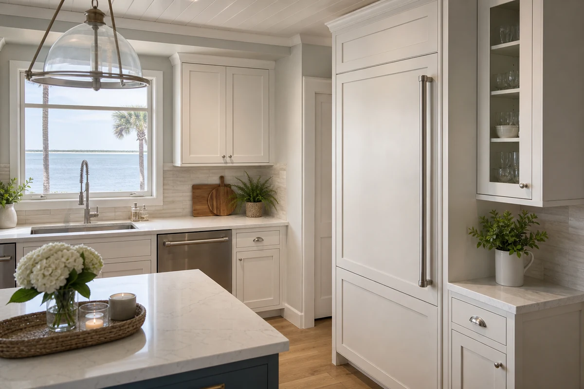 Remodeled Davis Shores kitchen with a panel-ready Sub-Zero column installed during the 2017 rebuild