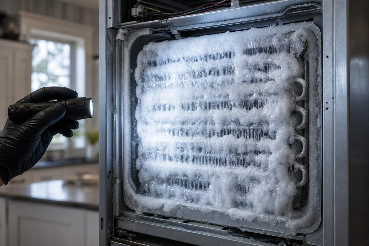 Iced-over evaporator coil inside a Sub-Zero freezer after a failed defrost heater in a St. Augustine kitchen