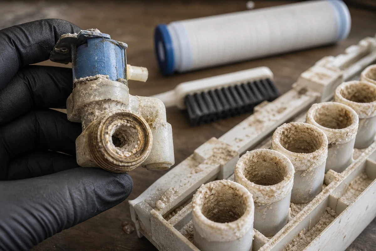 Mineral scale on a Sub-Zero ice-maker fill valve from hard St. Augustine aquifer water