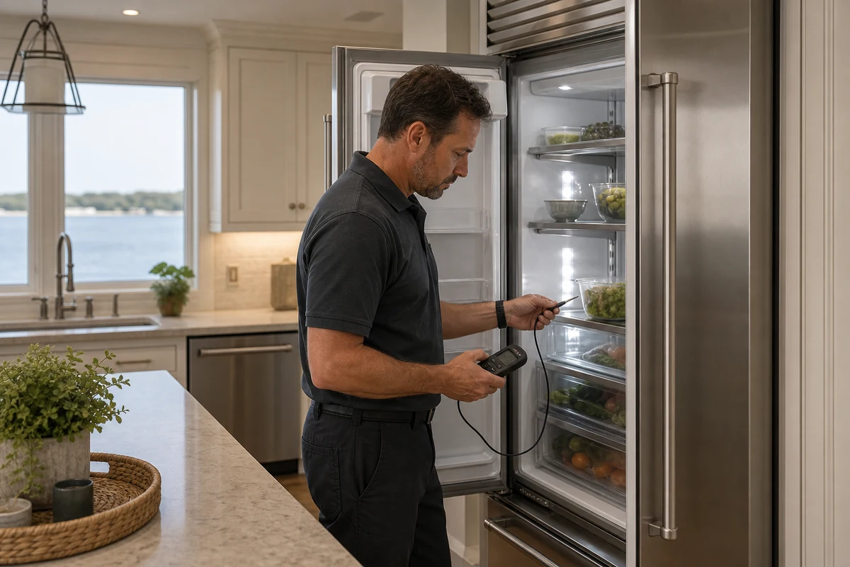 Technician verifying compartment temperatures on a Sub-Zero BI-42SD built-in in a Palencia kitchen