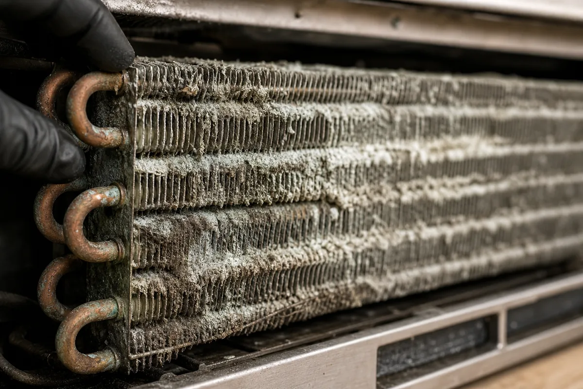 Corroded condenser fin pack from a Sub-Zero serving an Anastasia Island kitchen, before cleaning